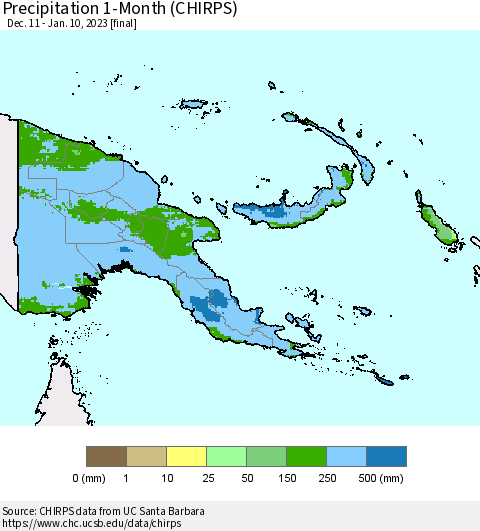 Papua New Guinea Precipitation 1-Month (CHIRPS) Thematic Map For 12/11/2022 - 1/10/2023