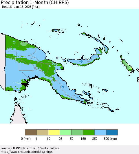 Papua New Guinea Precipitation 1-Month (CHIRPS) Thematic Map For 12/16/2022 - 1/15/2023