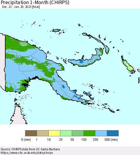 Papua New Guinea Precipitation 1-Month (CHIRPS) Thematic Map For 12/21/2022 - 1/20/2023