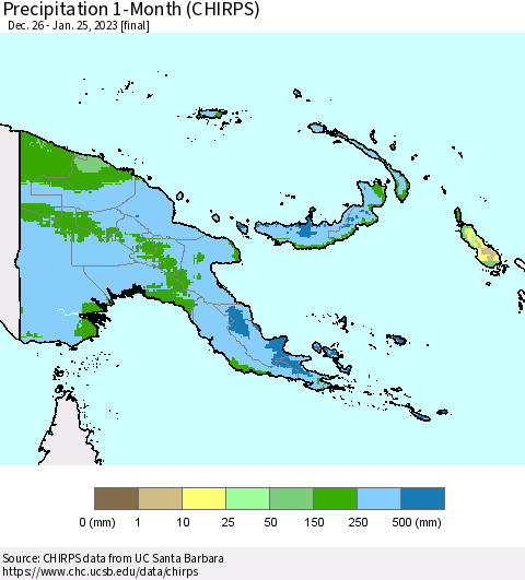 Papua New Guinea Precipitation 1-Month (CHIRPS) Thematic Map For 12/26/2022 - 1/25/2023