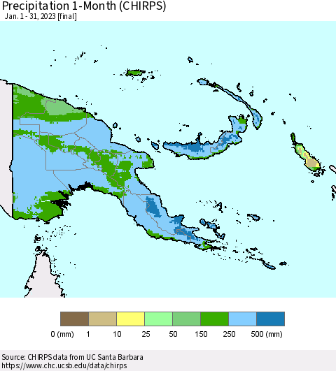 Papua New Guinea Precipitation 1-Month (CHIRPS) Thematic Map For 1/1/2023 - 1/31/2023