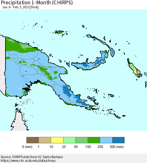 Papua New Guinea Precipitation 1-Month (CHIRPS) Thematic Map For 1/6/2023 - 2/5/2023