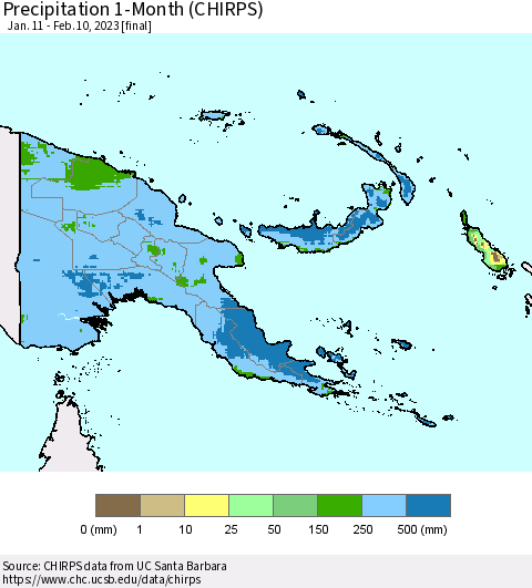 Papua New Guinea Precipitation 1-Month (CHIRPS) Thematic Map For 1/11/2023 - 2/10/2023