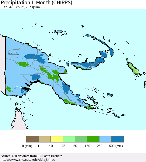 Papua New Guinea Precipitation 1-Month (CHIRPS) Thematic Map For 1/26/2023 - 2/25/2023