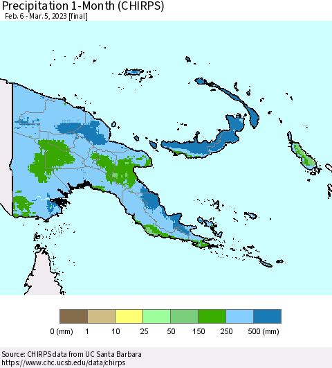 Papua New Guinea Precipitation 1-Month (CHIRPS) Thematic Map For 2/6/2023 - 3/5/2023