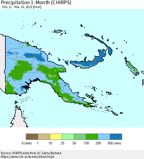 Papua New Guinea Precipitation 1-Month (CHIRPS) Thematic Map For 2/11/2023 - 3/10/2023