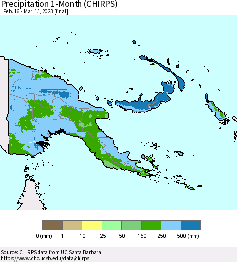 Papua New Guinea Precipitation 1-Month (CHIRPS) Thematic Map For 2/16/2023 - 3/15/2023