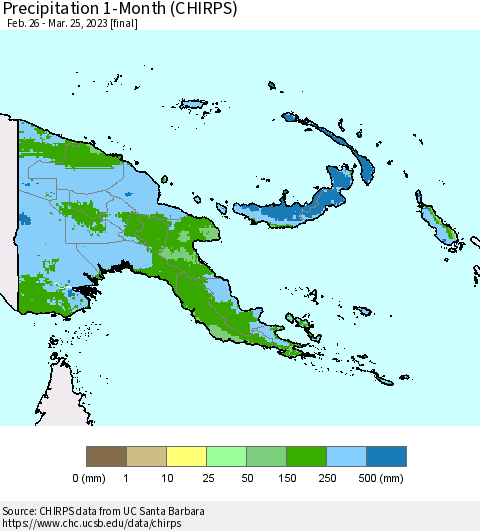 Papua New Guinea Precipitation 1-Month (CHIRPS) Thematic Map For 2/26/2023 - 3/25/2023