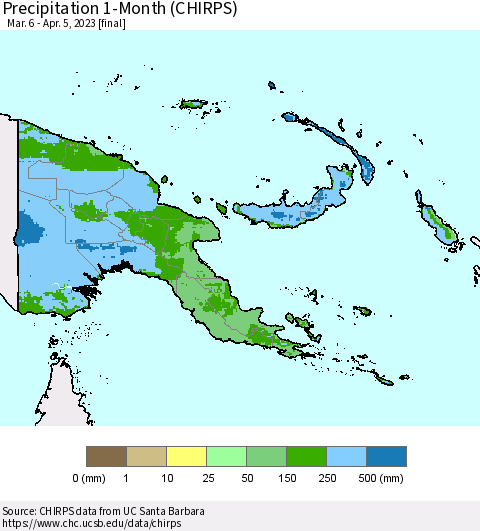 Papua New Guinea Precipitation 1-Month (CHIRPS) Thematic Map For 3/6/2023 - 4/5/2023