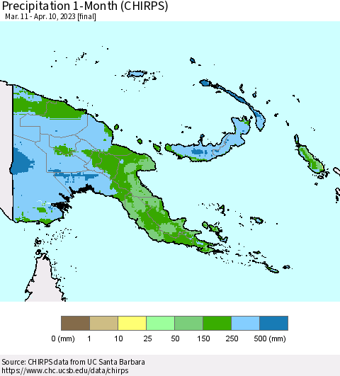Papua New Guinea Precipitation 1-Month (CHIRPS) Thematic Map For 3/11/2023 - 4/10/2023