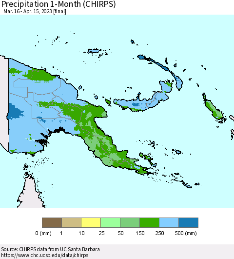 Papua New Guinea Precipitation 1-Month (CHIRPS) Thematic Map For 3/16/2023 - 4/15/2023
