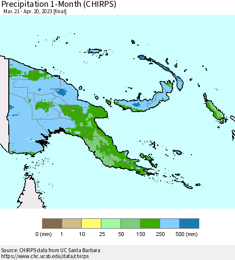 Papua New Guinea Precipitation 1-Month (CHIRPS) Thematic Map For 3/21/2023 - 4/20/2023