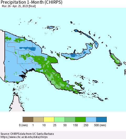 Papua New Guinea Precipitation 1-Month (CHIRPS) Thematic Map For 3/26/2023 - 4/25/2023