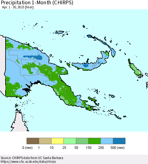 Papua New Guinea Precipitation 1-Month (CHIRPS) Thematic Map For 4/1/2023 - 4/30/2023