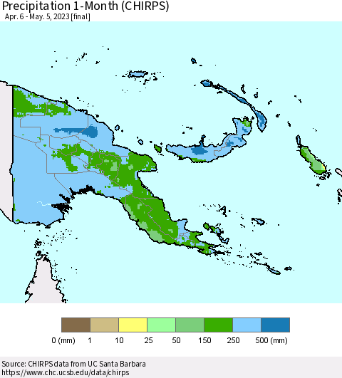 Papua New Guinea Precipitation 1-Month (CHIRPS) Thematic Map For 4/6/2023 - 5/5/2023