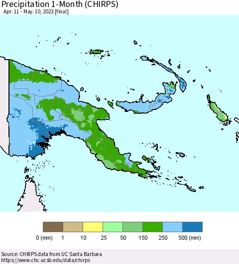Papua New Guinea Precipitation 1-Month (CHIRPS) Thematic Map For 4/11/2023 - 5/10/2023