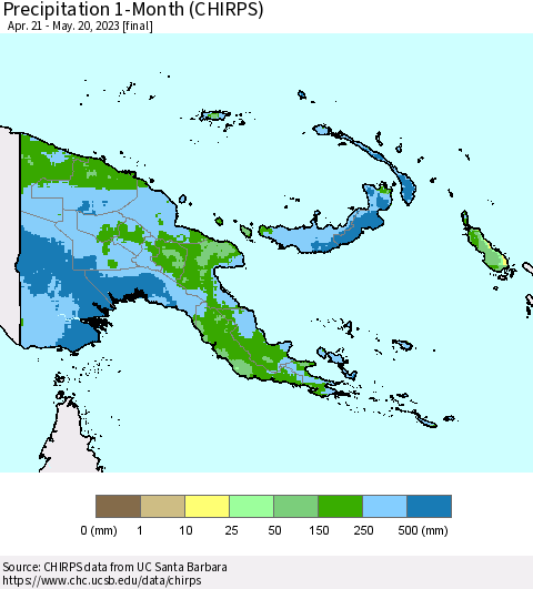 Papua New Guinea Precipitation 1-Month (CHIRPS) Thematic Map For 4/21/2023 - 5/20/2023