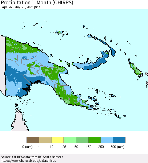 Papua New Guinea Precipitation 1-Month (CHIRPS) Thematic Map For 4/26/2023 - 5/25/2023