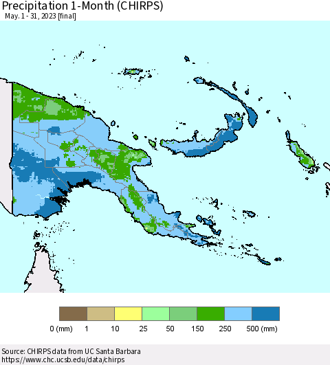 Papua New Guinea Precipitation 1-Month (CHIRPS) Thematic Map For 5/1/2023 - 5/31/2023