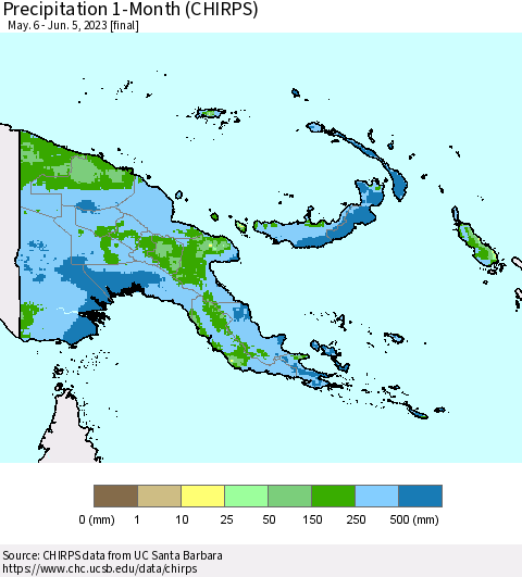 Papua New Guinea Precipitation 1-Month (CHIRPS) Thematic Map For 5/6/2023 - 6/5/2023