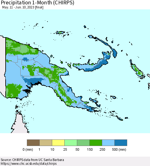 Papua New Guinea Precipitation 1-Month (CHIRPS) Thematic Map For 5/11/2023 - 6/10/2023