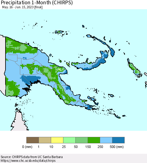 Papua New Guinea Precipitation 1-Month (CHIRPS) Thematic Map For 5/16/2023 - 6/15/2023