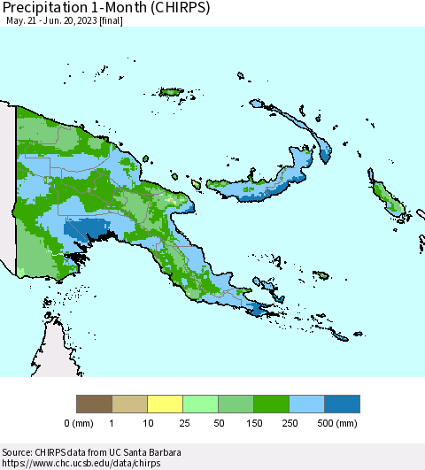 Papua New Guinea Precipitation 1-Month (CHIRPS) Thematic Map For 5/21/2023 - 6/20/2023