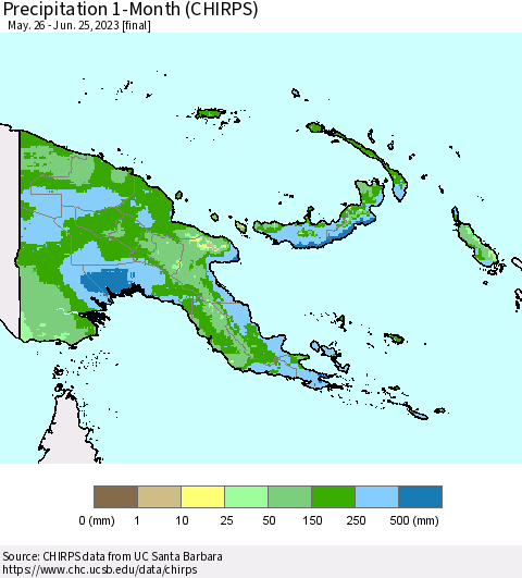 Papua New Guinea Precipitation 1-Month (CHIRPS) Thematic Map For 5/26/2023 - 6/25/2023