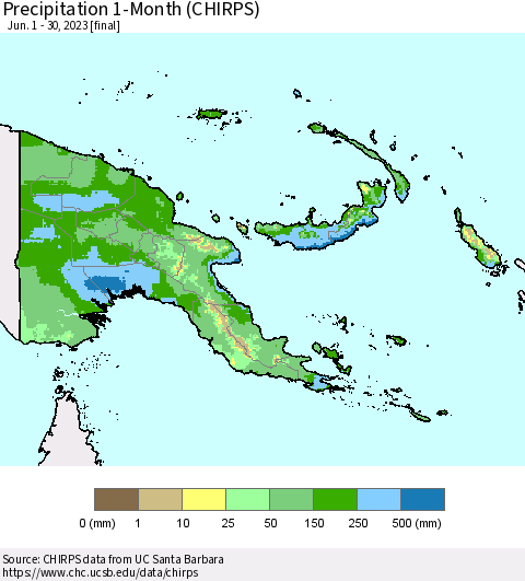 Papua New Guinea Precipitation 1-Month (CHIRPS) Thematic Map For 6/1/2023 - 6/30/2023