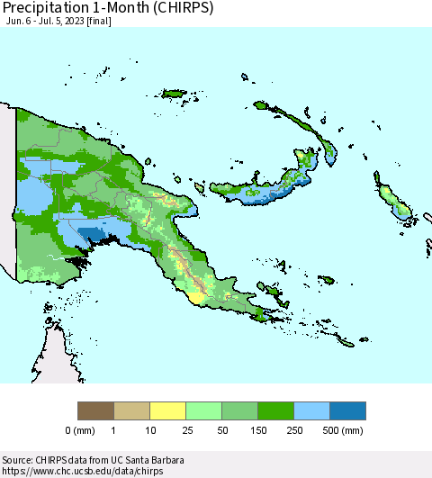 Papua New Guinea Precipitation 1-Month (CHIRPS) Thematic Map For 6/6/2023 - 7/5/2023