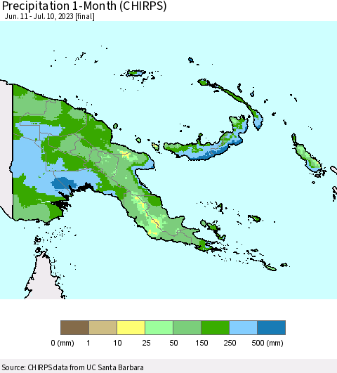 Papua New Guinea Precipitation 1-Month (CHIRPS) Thematic Map For 6/11/2023 - 7/10/2023