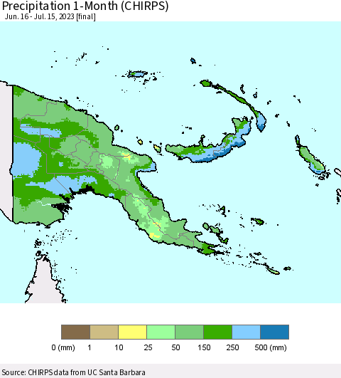 Papua New Guinea Precipitation 1-Month (CHIRPS) Thematic Map For 6/16/2023 - 7/15/2023