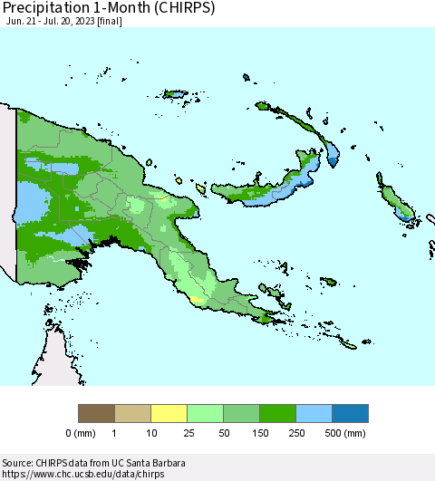 Papua New Guinea Precipitation 1-Month (CHIRPS) Thematic Map For 6/21/2023 - 7/20/2023