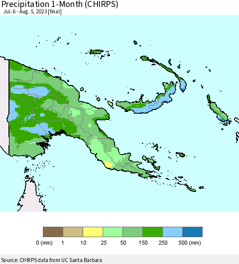 Papua New Guinea Precipitation 1-Month (CHIRPS) Thematic Map For 7/6/2023 - 8/5/2023