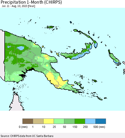 Papua New Guinea Precipitation 1-Month (CHIRPS) Thematic Map For 7/11/2023 - 8/10/2023