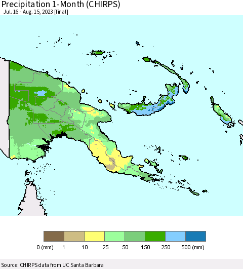 Papua New Guinea Precipitation 1-Month (CHIRPS) Thematic Map For 7/16/2023 - 8/15/2023