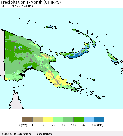 Papua New Guinea Precipitation 1-Month (CHIRPS) Thematic Map For 7/26/2023 - 8/25/2023