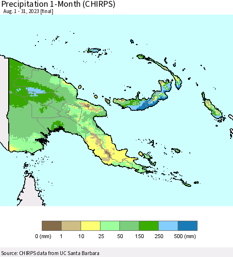 Papua New Guinea Precipitation 1-Month (CHIRPS) Thematic Map For 8/1/2023 - 8/31/2023