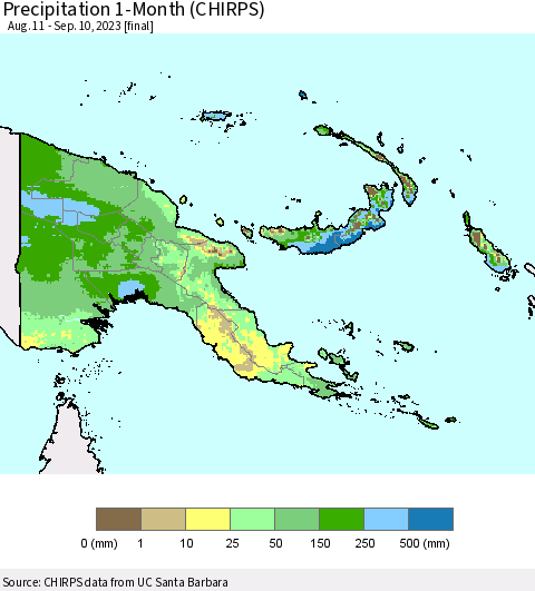 Papua New Guinea Precipitation 1-Month (CHIRPS) Thematic Map For 8/11/2023 - 9/10/2023