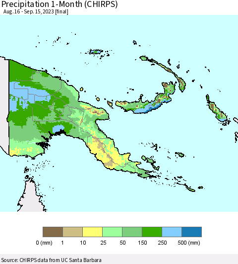 Papua New Guinea Precipitation 1-Month (CHIRPS) Thematic Map For 8/16/2023 - 9/15/2023
