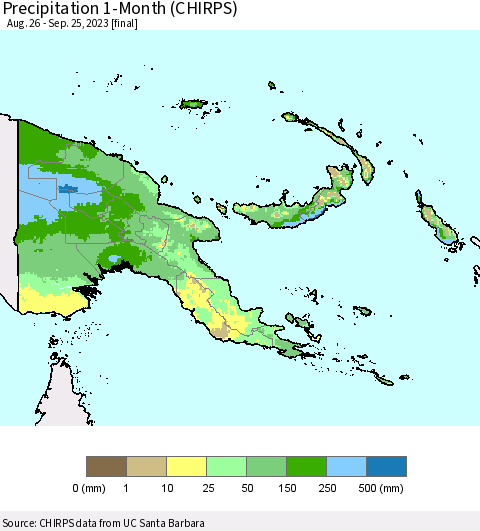 Papua New Guinea Precipitation 1-Month (CHIRPS) Thematic Map For 8/26/2023 - 9/25/2023