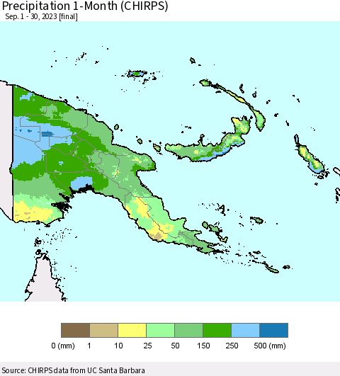 Papua New Guinea Precipitation 1-Month (CHIRPS) Thematic Map For 9/1/2023 - 9/30/2023