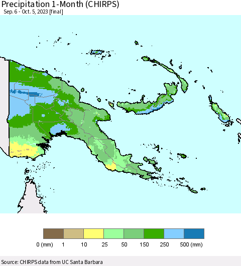 Papua New Guinea Precipitation 1-Month (CHIRPS) Thematic Map For 9/6/2023 - 10/5/2023