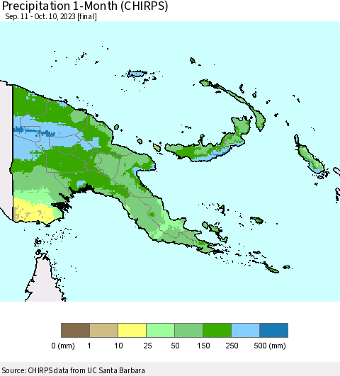 Papua New Guinea Precipitation 1-Month (CHIRPS) Thematic Map For 9/11/2023 - 10/10/2023