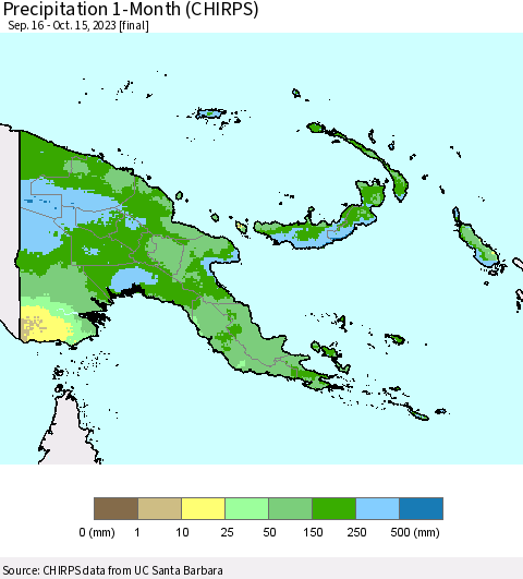 Papua New Guinea Precipitation 1-Month (CHIRPS) Thematic Map For 9/16/2023 - 10/15/2023
