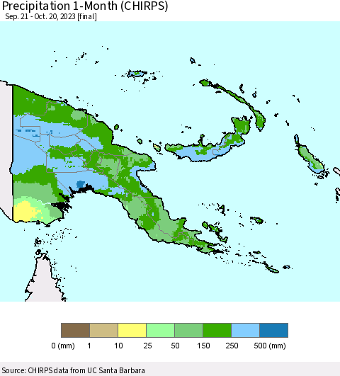 Papua New Guinea Precipitation 1-Month (CHIRPS) Thematic Map For 9/21/2023 - 10/20/2023