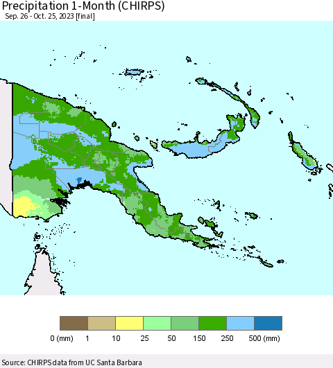 Papua New Guinea Precipitation 1-Month (CHIRPS) Thematic Map For 9/26/2023 - 10/25/2023
