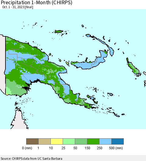 Papua New Guinea Precipitation 1-Month (CHIRPS) Thematic Map For 10/1/2023 - 10/31/2023