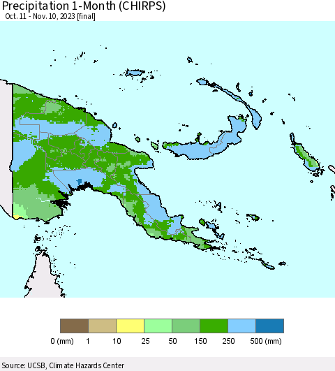Papua New Guinea Precipitation 1-Month (CHIRPS) Thematic Map For 10/11/2023 - 11/10/2023