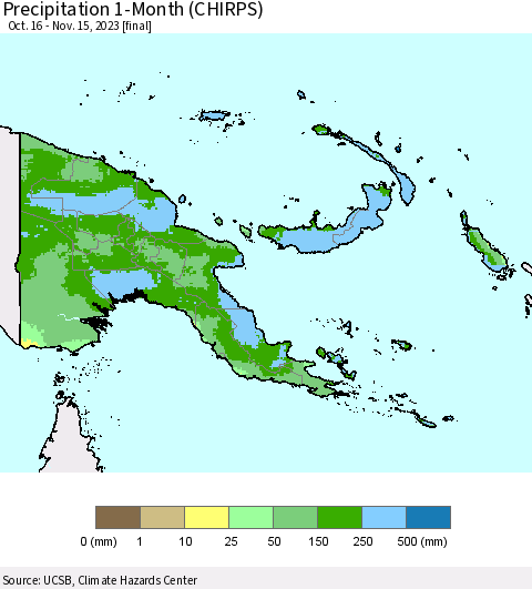 Papua New Guinea Precipitation 1-Month (CHIRPS) Thematic Map For 10/16/2023 - 11/15/2023